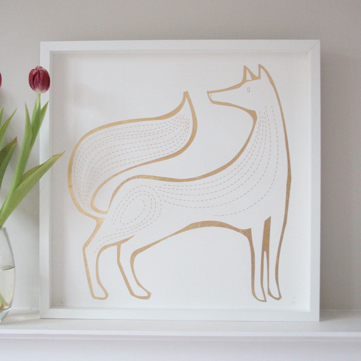 Gold Foil Fox line drawing in gold on white original art screen print by sally elford