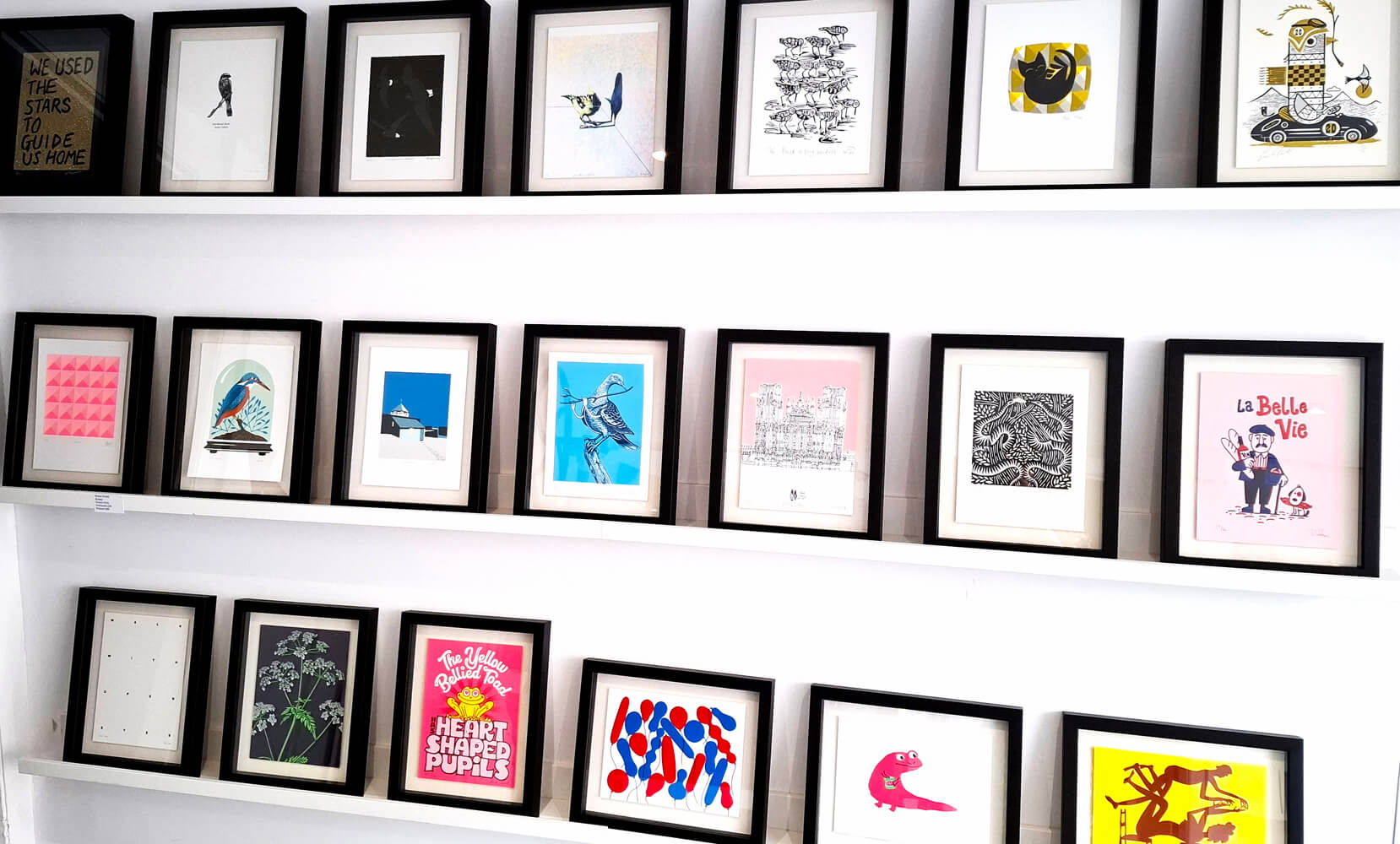 Soma Gallery 20 Years wall of framed prints at Frankenstein Press.