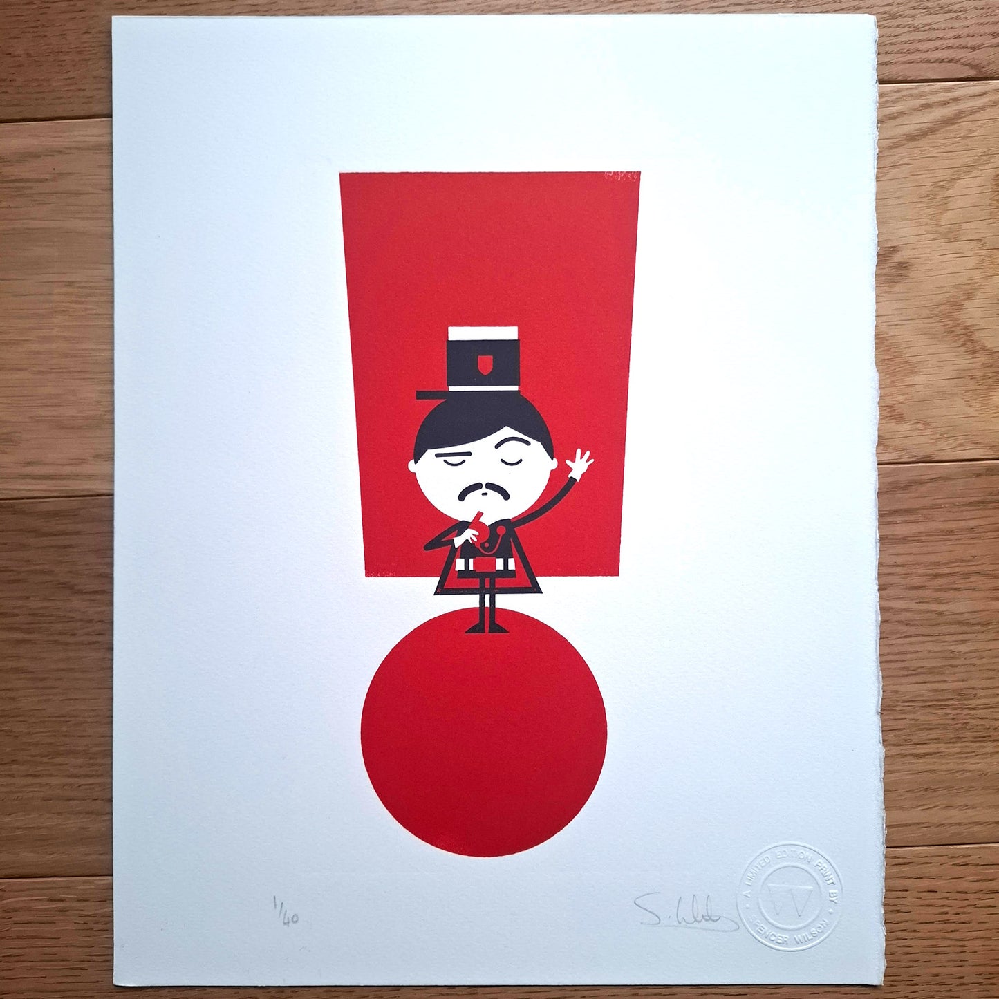 Arret stop letterpress print of a french policeman standing on an exclamation mark by spencer wilson