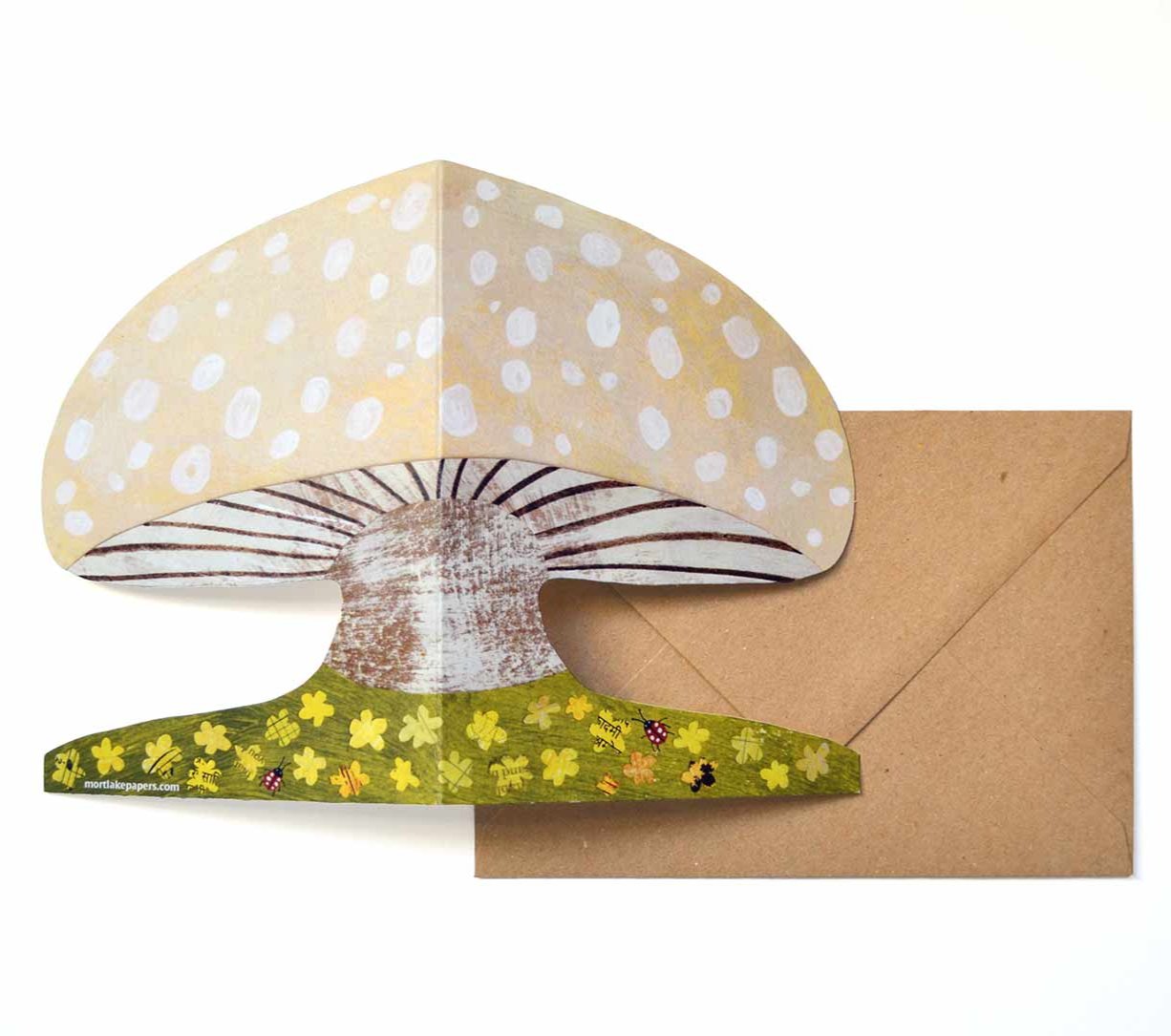 Spring Mushroom shaped die cut greeting card by Mortlake Papers.