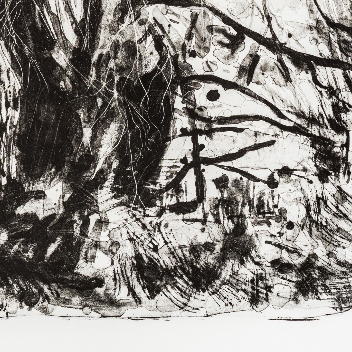 Wintertide stone lithography original art print by Multi-Disciplinary printmaker Fiona Hamilton depicting a tree in Winter in Ashton Court.
