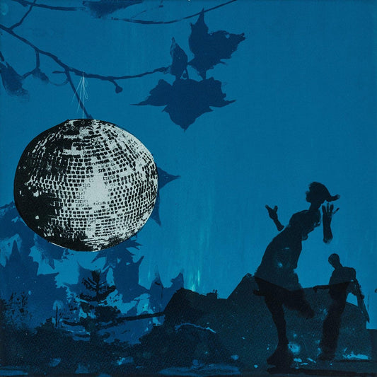 Screen print of a man and a woman dancing in the moonlight in front of trees, leaves and a big glitterball moon in shades of blue.