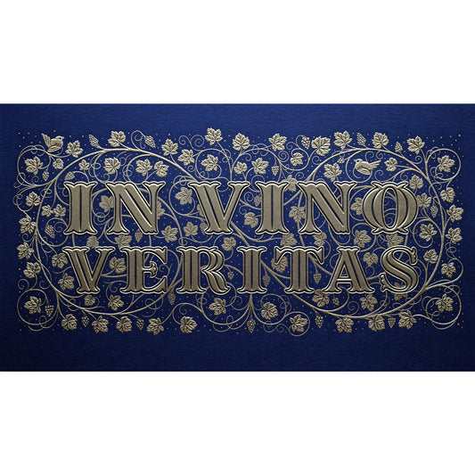 Die stamped print by Seb Lester showing the text In Vino Veritas in fancy lettering and typeface with flourishes and swirls in gold ink on blue paper.