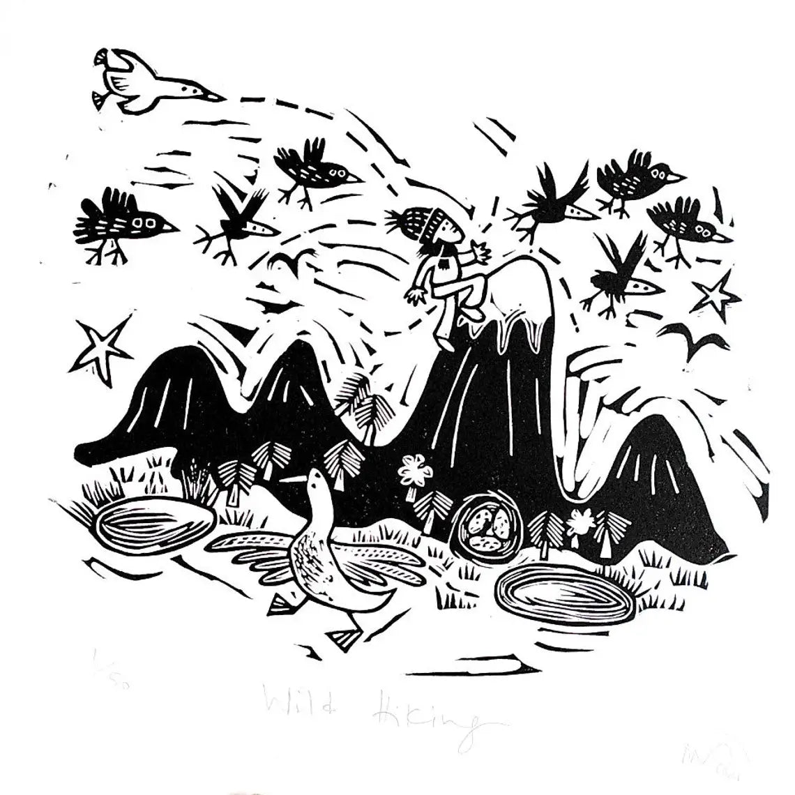 Wild Hiking Linocut Art Print