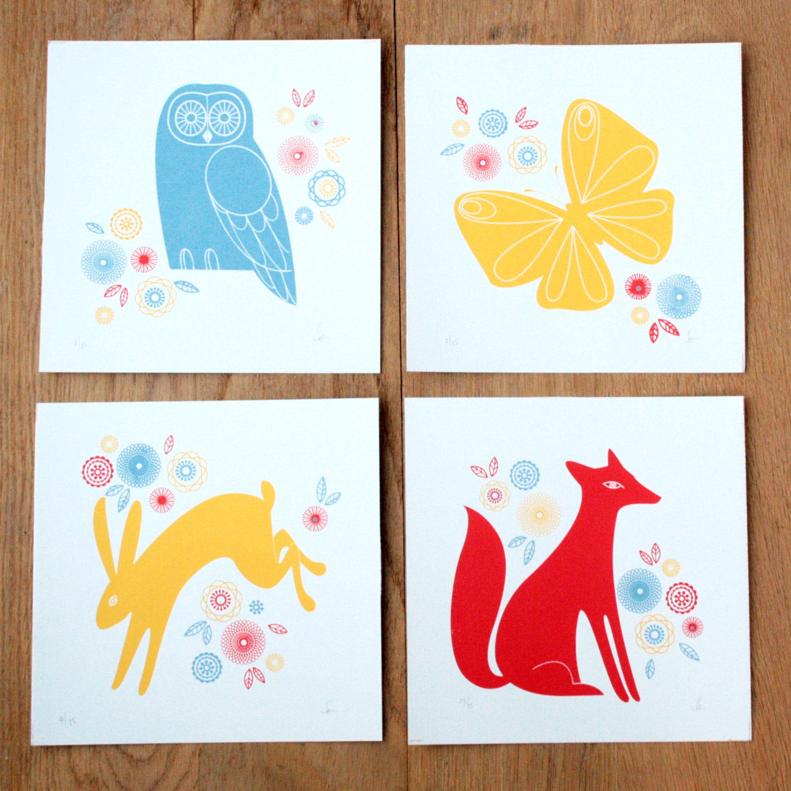 woodland animal including hare, butterfly, owl and fox  screen prints by sally elford