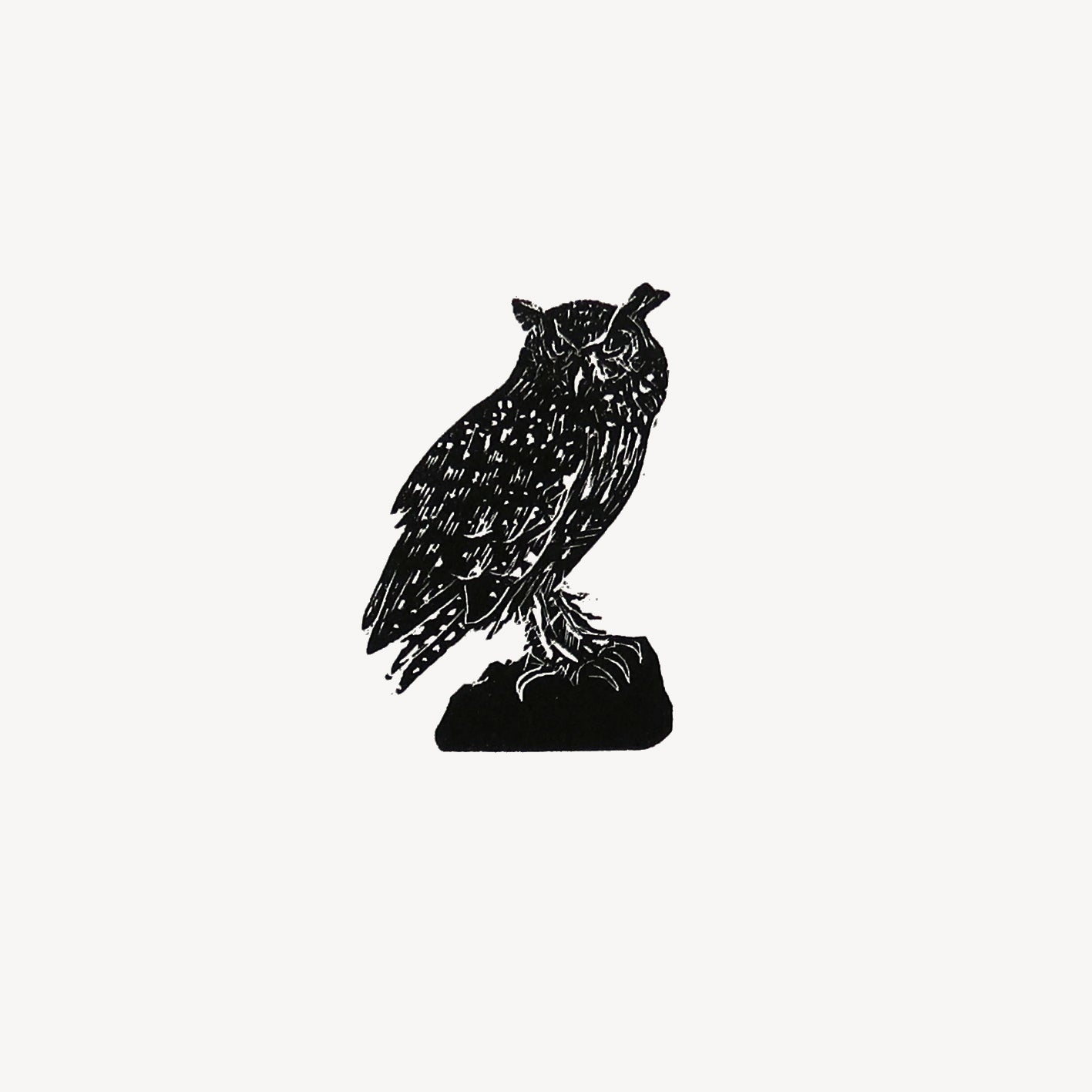 Owl wood engraving miniature print in black and white of Eurasion Eagle Owl by Fiona Hamilton.