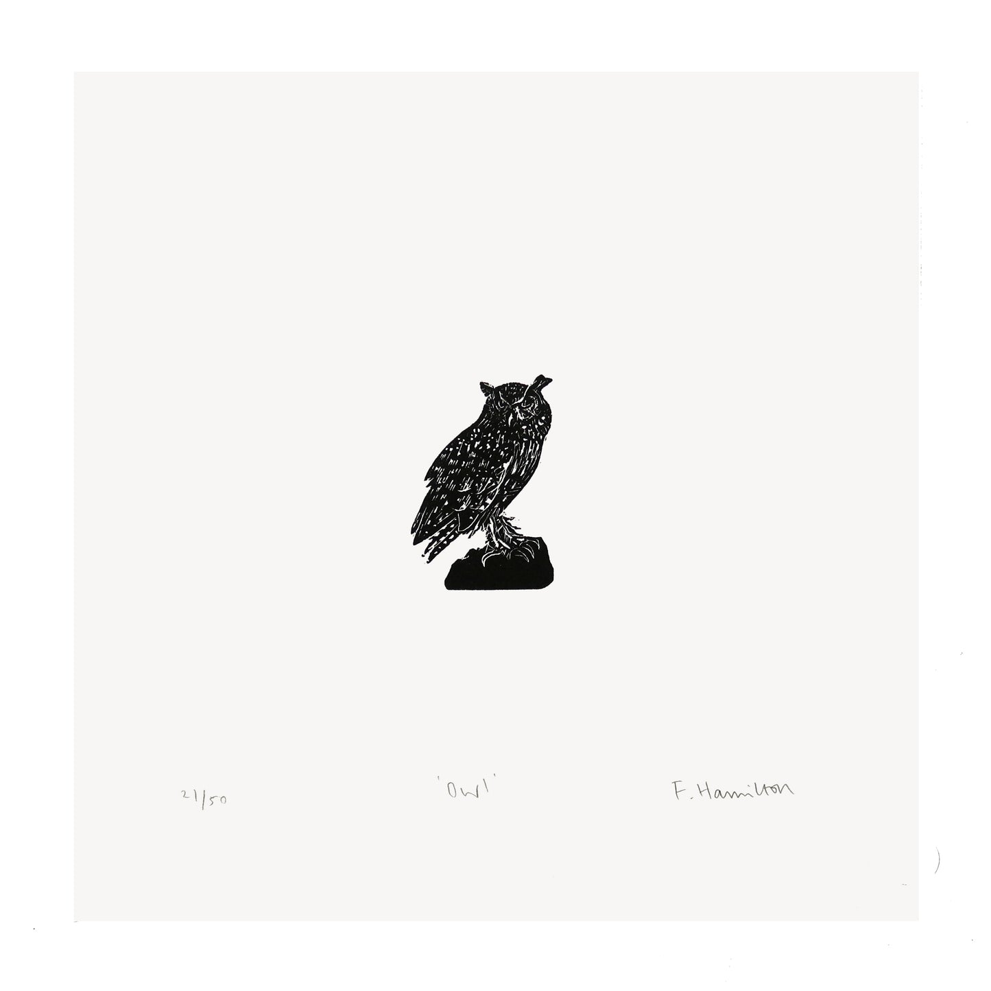 Owl wood engraving miniature print in black and white of Eurasion Eagle Owl by Fiona Hamilton.