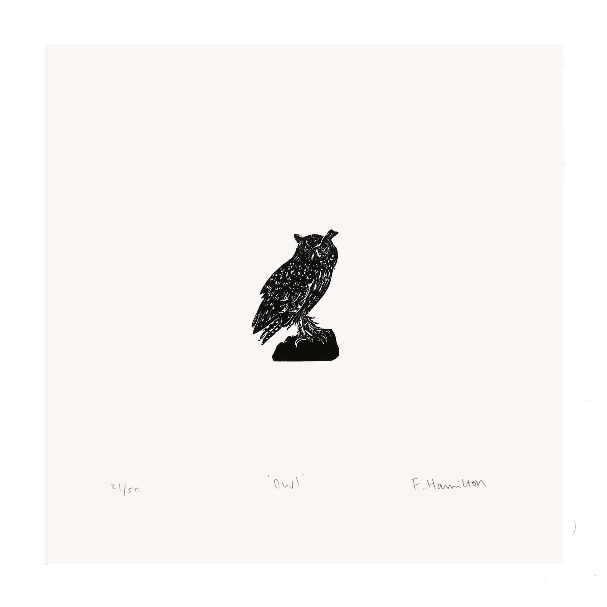Owl wood engraving miniature print in black and white of Eurasion Eagle Owl by Fiona Hamilton.
