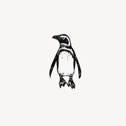 Penguin miniature wood engraving print by printmaker Fiona Hamilton.