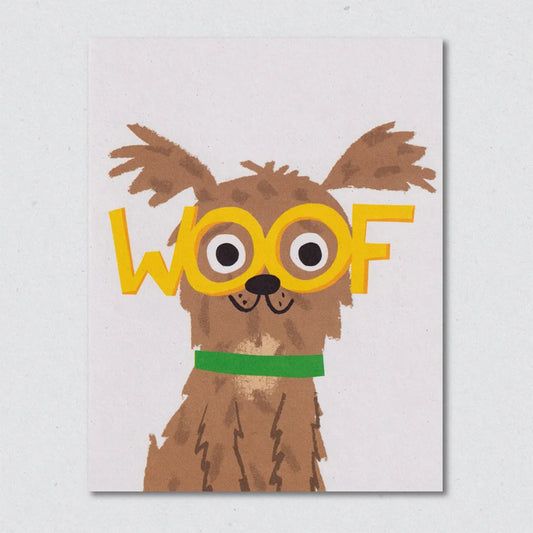 Cartoon dog with 'WOOF' text on a white background, greeting card by Lisa Jones Studio.