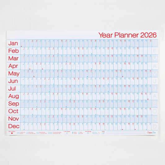 Crispin Finn's Yearly wall planner for 2026 with a light blue grid on a white background and red and blue text in a graphic style.