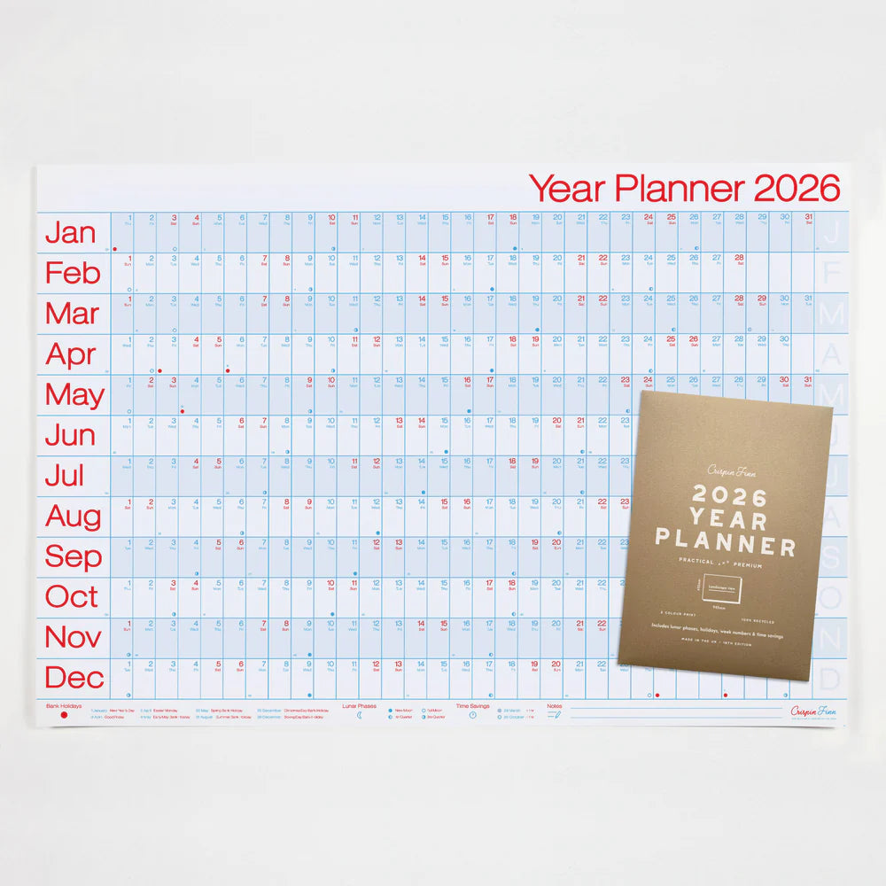 Crispin Finn's Yearly planner for 2026 with an envelope in kraft with white text on a white background.