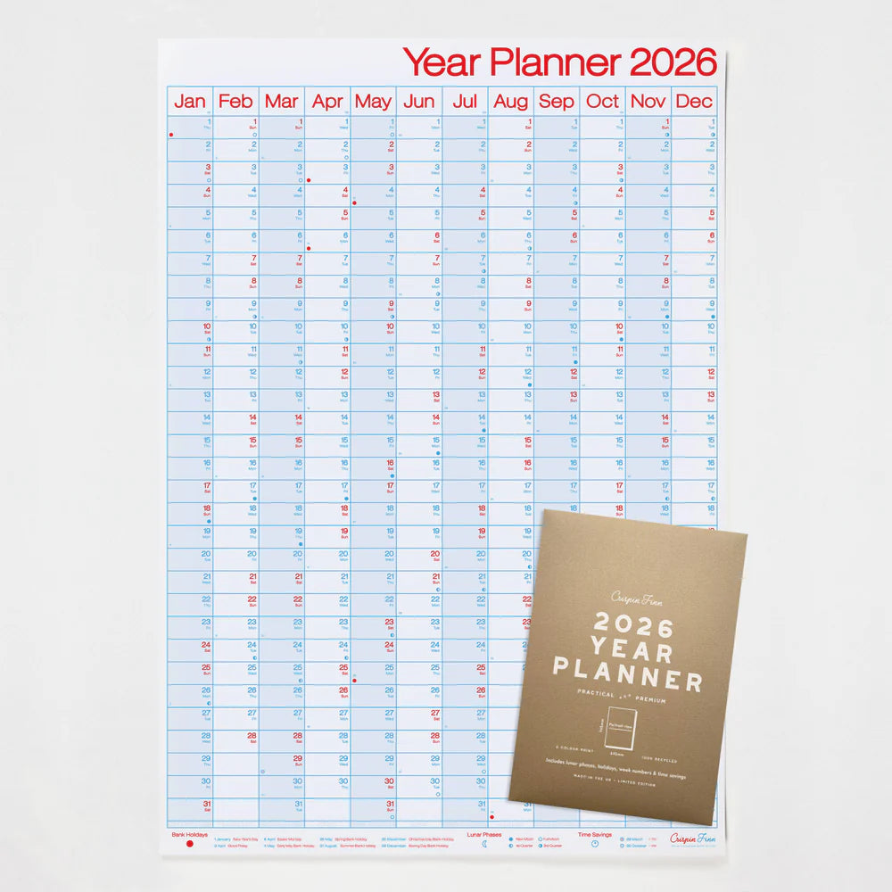 Crispin Finn's 2026 year planner in vertical, portrait formal with a small brown kraft envelope with the text '2026 year planner' screen printed in a white on an off white background.