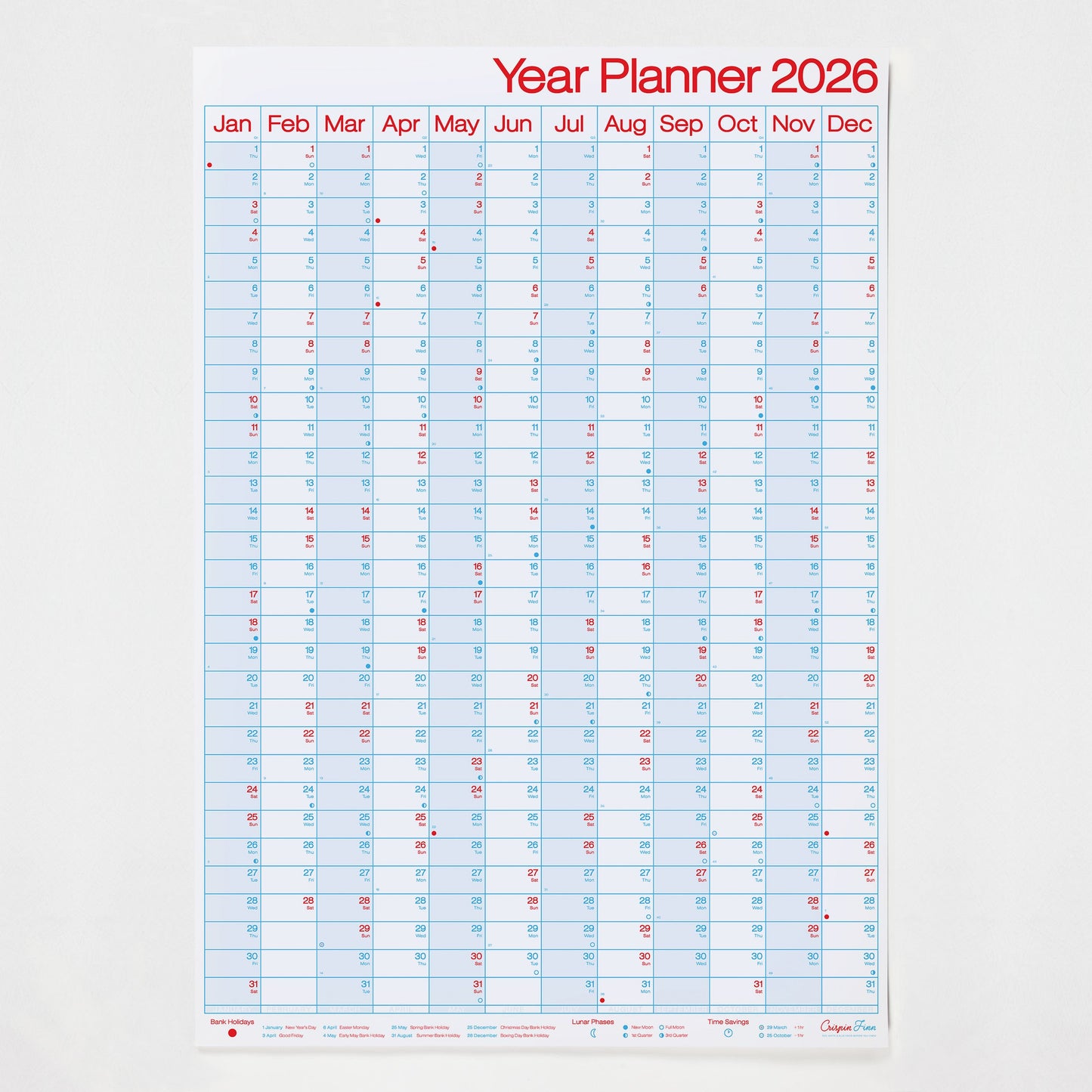 Crispin Finn Portrait Yearly planner for 2026 with a light blue background and red text on a white background, vertical orientation.