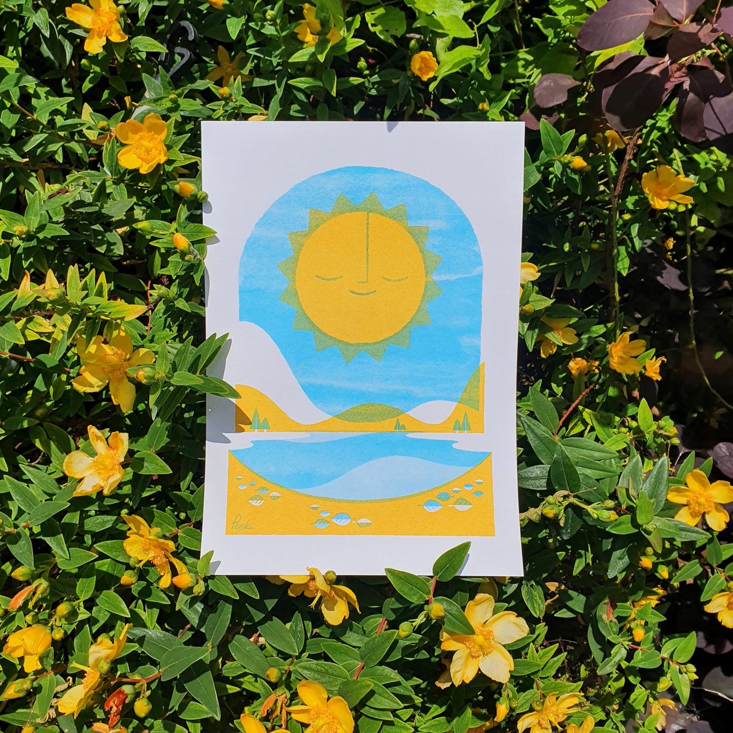 A risograph print titled 'Hello Sunshine' placed on a bed of yellow flowers, depicting a sun over a blue lake, held by someone.