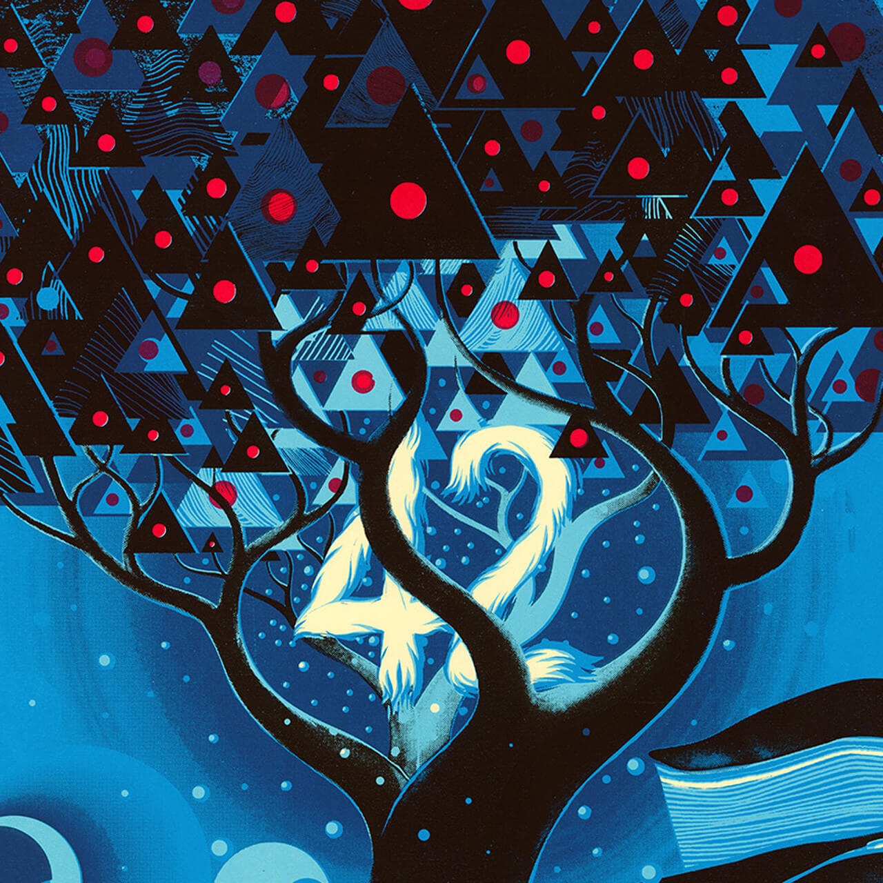 Original tree screen print with the number 42 and the colours blue, red and black by Sam Chivers.
