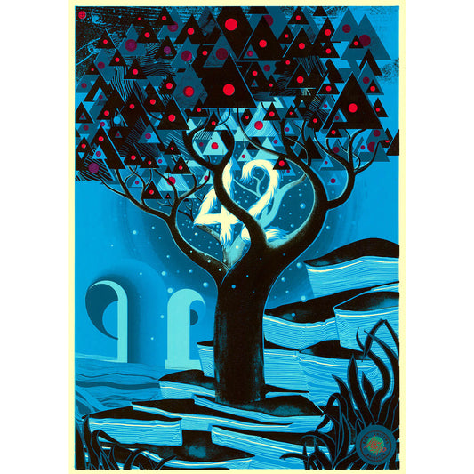 Tree screen print with the number 42 which is the meaning of life according to Douglas Adams, and triangles and circles instead of leaves on the tree.