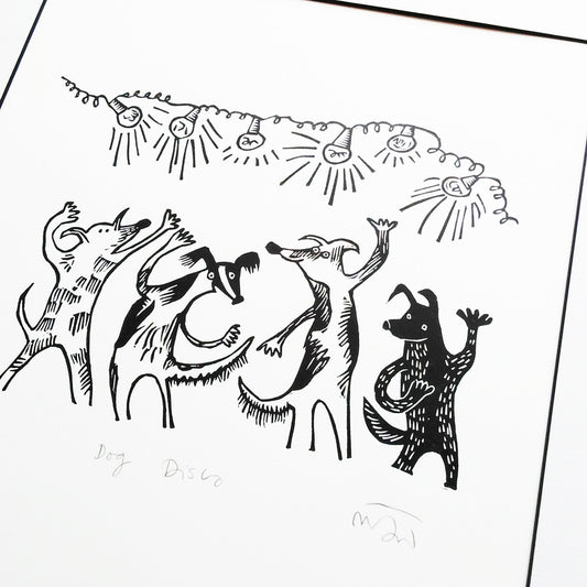 Disco dog lino print by Melanie Wickham.