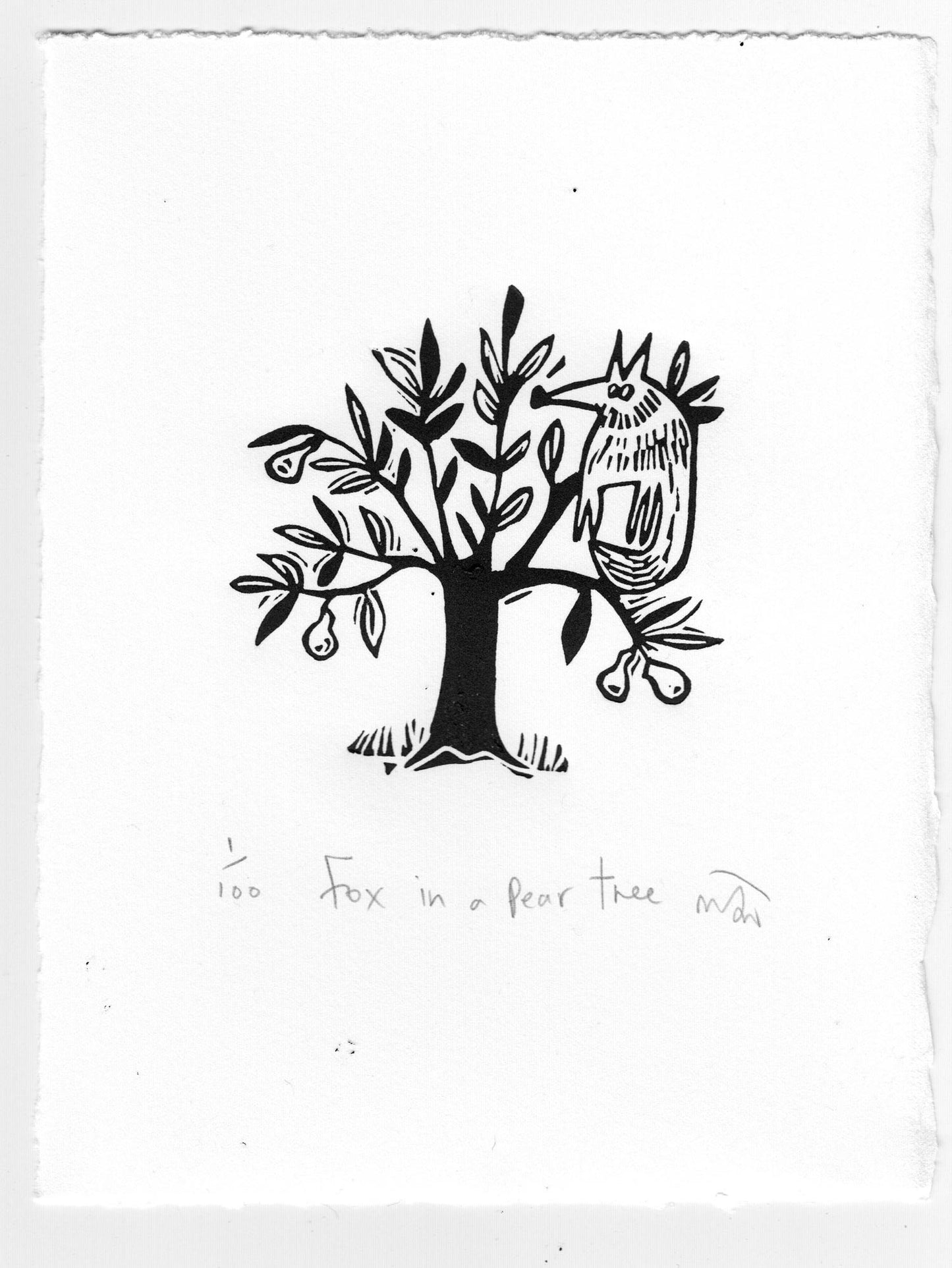 Fox on a pear tree linocut print by Melanie Wickham.