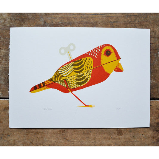 Wind Up Bird original hand printed silkscreen print of a tin bird in red and yellow by Tom Frost.