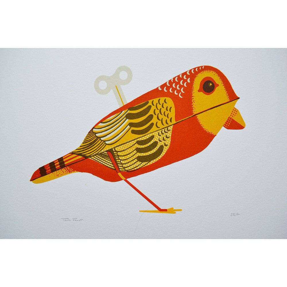 Wind Up Bird original hand printed silkscreen print of a tin bird in red and yellow by Tom Frost.