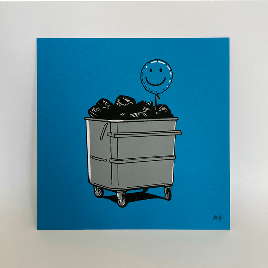 Smile blue screen print by Matthew Green featuring a smiley balloon in a wheely bin.