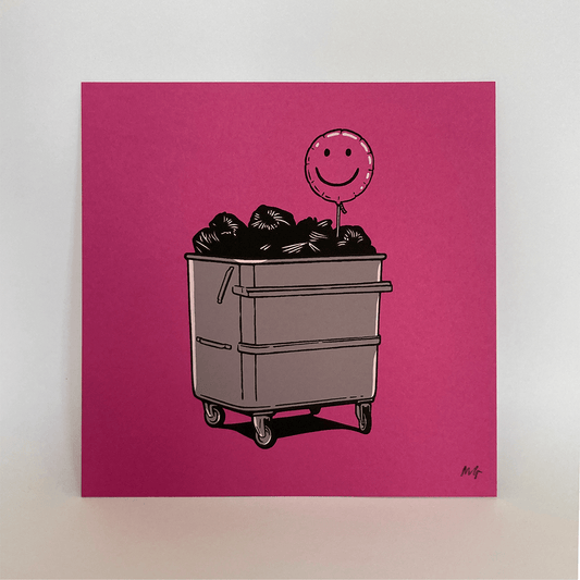 Smile pink screen print by Matthew Green featuring a smiley balloon in a wheely bin.