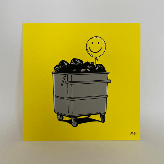 Smile yellow screen print by Matthew Green featuring a smiley balloon in a wheely bin.