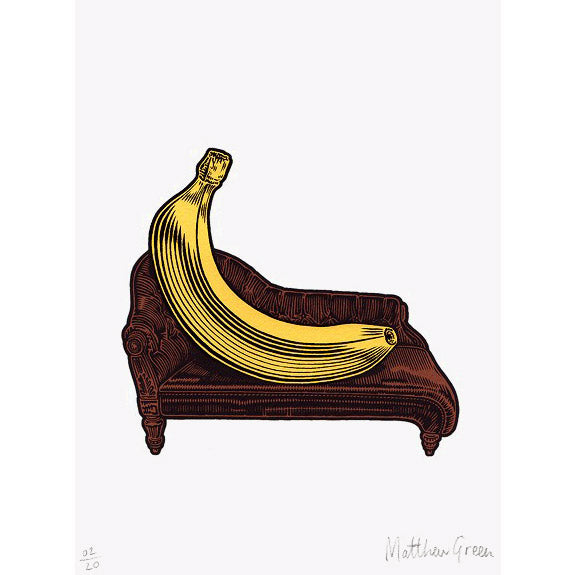 A screen print of a yellow banana on a brown chaise longe chair in a wood engraving style by Matthew Green.