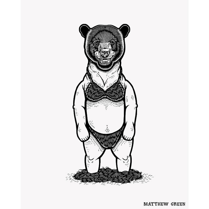 Bear-kini screen print of a bear in a bikini by Matthew Green.