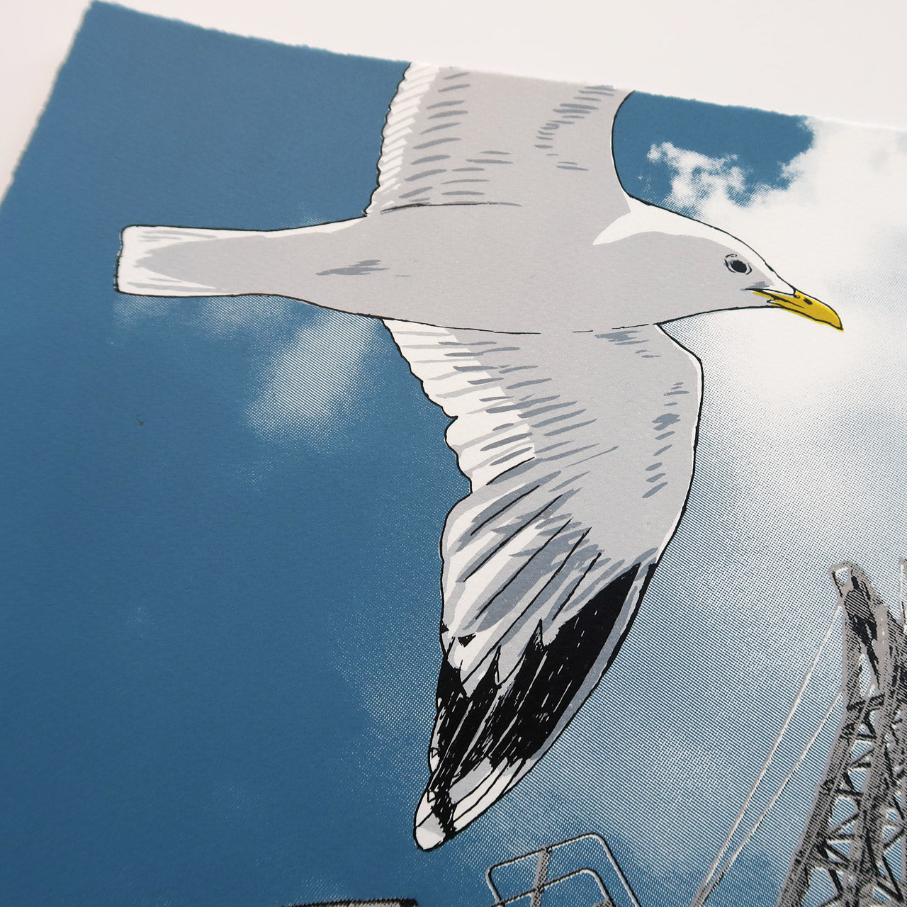 Gulls and goods cranes silkscreen print by Fiona Hamilton.