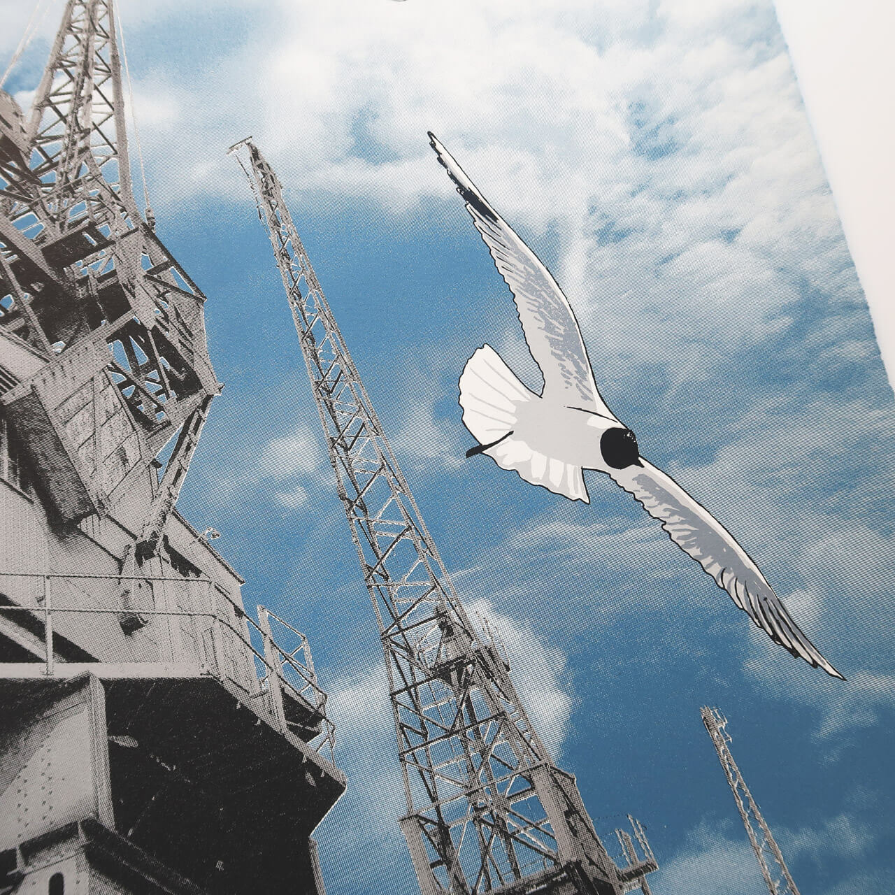 Gulls and goods cranes silkscreen print by Fiona Hamilton.