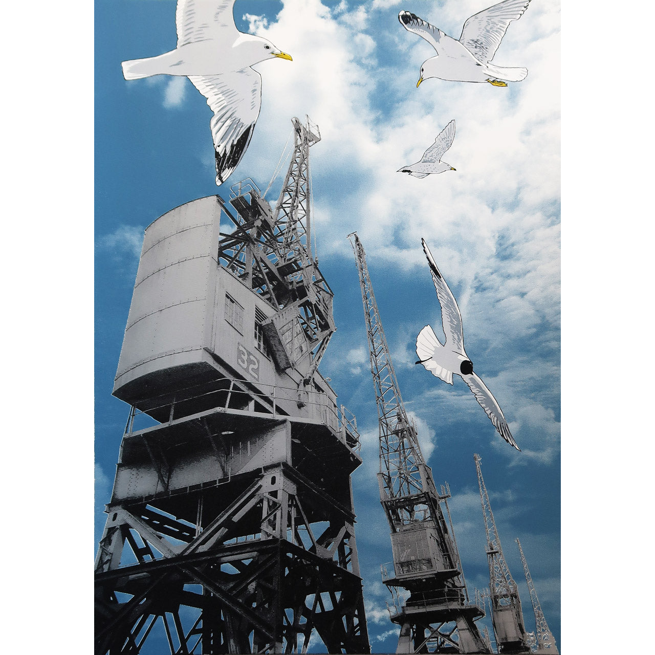 Gulls and goods cranes silkscreen print by Fiona Hamilton.