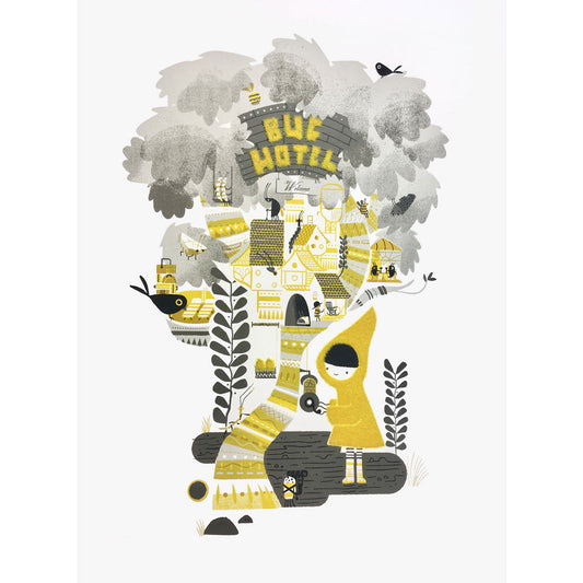 Bug hotel screen print with flocking detail by Graham Carter featuring a home for bees and insects run by a little girl in a yellow hooded cape.