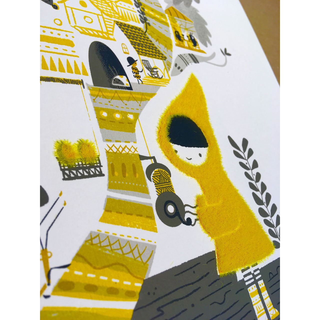 Bug hotel screen print with flocking detail by Graham Carter featuring a home for bees and insects run by a little girl in a yellow hooded cape.