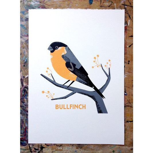 Bullfinch bird screen print by Chris Andrews.