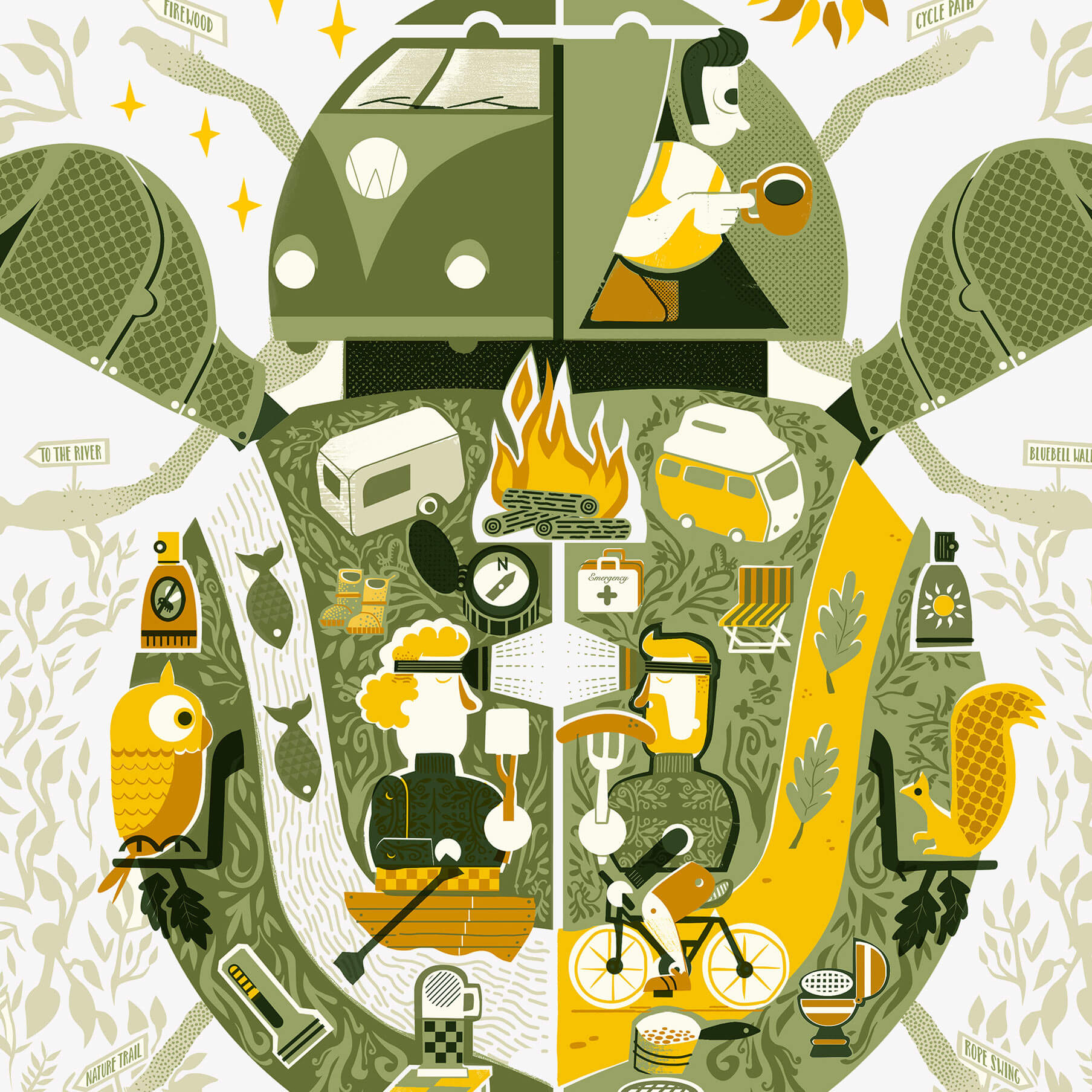 Camping Bug original screen print by Graham Carter featuring everything you need for a camping adventure.
