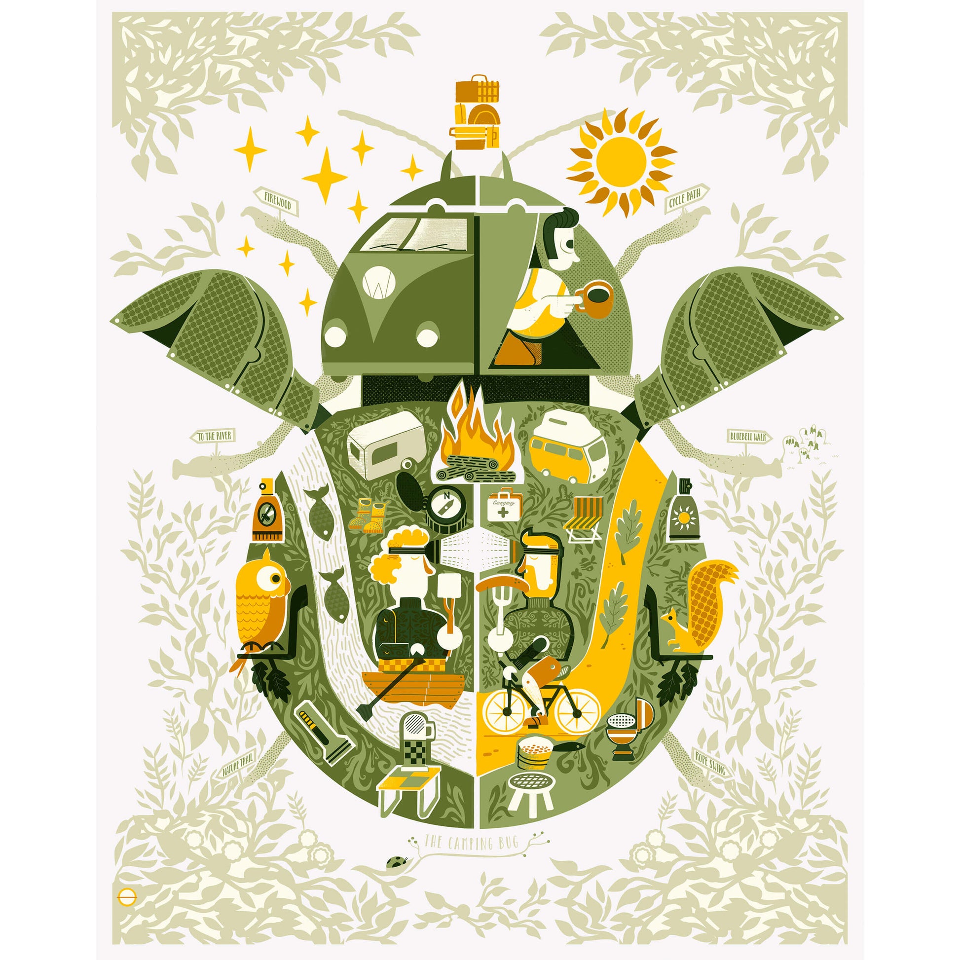 Camping Bug original screen print by Graham Carter featuring everything you need for a camping adventure.