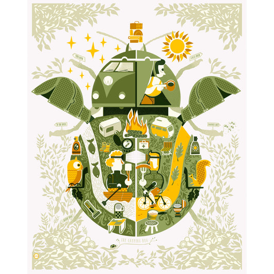 Camping Bug original screen print by Graham Carter featuring everything you need for a camping adventure.