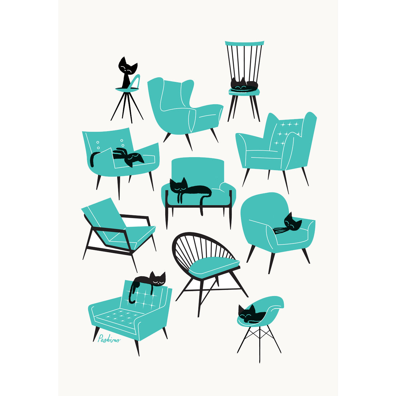 Cat naps screen print by Peski Studio featuring black cats in different positions on different chairs and sofas in turquoise.