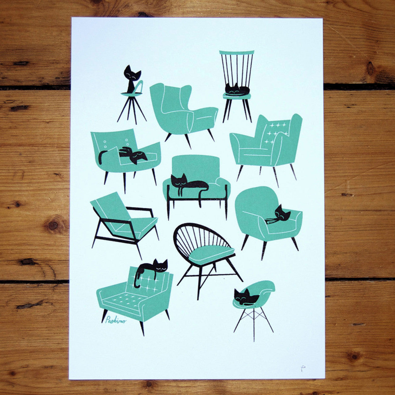 Cat naps screen print by Peski Studio featuring black cats in different positions on different chairs and sofas in turquoise.