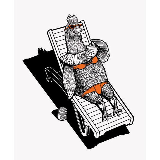 Chicken sunbathing in bikini on sunlounger by Matthew Green.