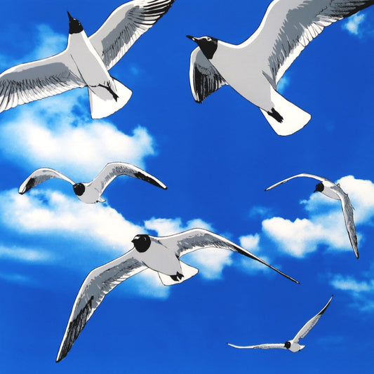 Colony of Black Headed Gulls against a blue cloudy sky original screenprint by Fiona Hamilton.