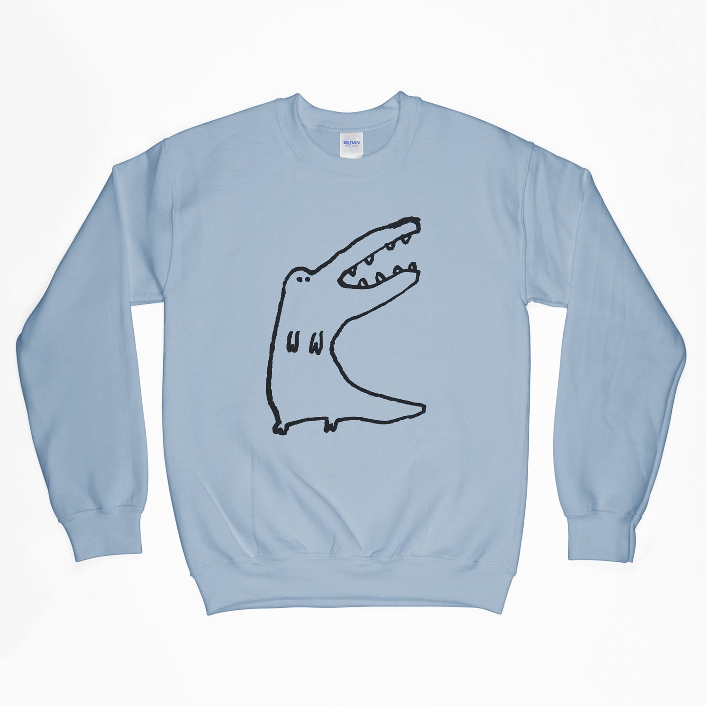 Crocodile stands blue sweatshirt screen print collaboration by Daisy Hirst and Soma Gallery.