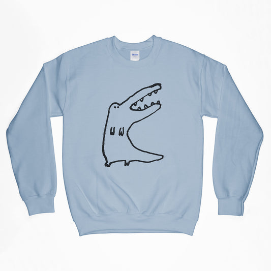 Crocodile stands blue sweatshirt screen print collaboration by Daisy Hirst and Soma Gallery.