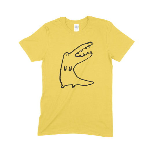 Crocodile stands screen print on yellow cotton t-shirt collaboration by Daisy Hirst and Soma Gallery.