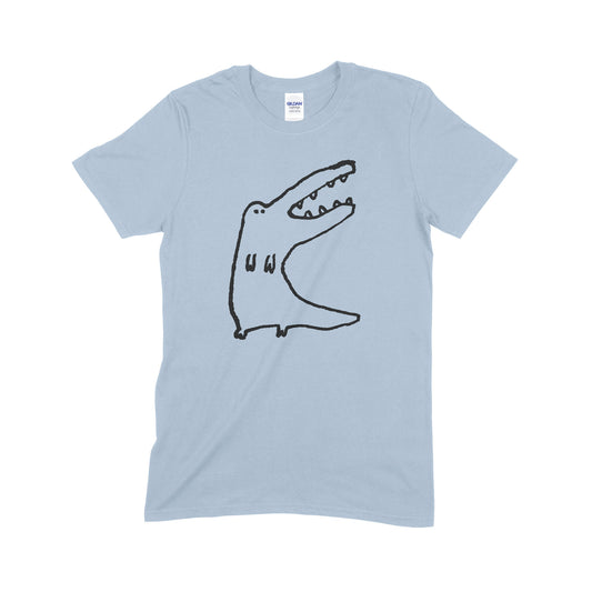Crocodile stands screen print on blue cotton t-shirt collaboration by Daisy Hirst and Soma Gallery.