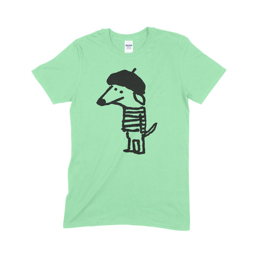Beret Dog screen printed green cotton t-shirt collaboration between Daisy Hirst and Soma Gallery.