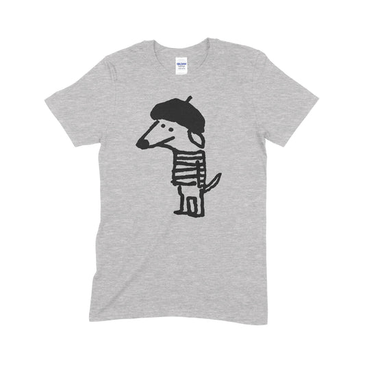 Beret Dog screen printed grey cotton t-shirt collaboration between Daisy Hirst and Soma Gallery.