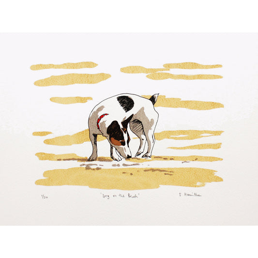 Dog on the Beach screen print by Fiona Hamilton
